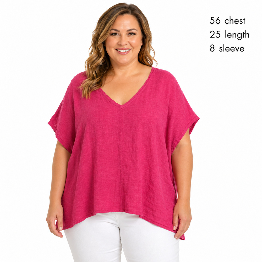 Tahari 100% Linen Pink Short Dolman Sleeve V-Neck Top Shirt Blouse Plus sz 3X